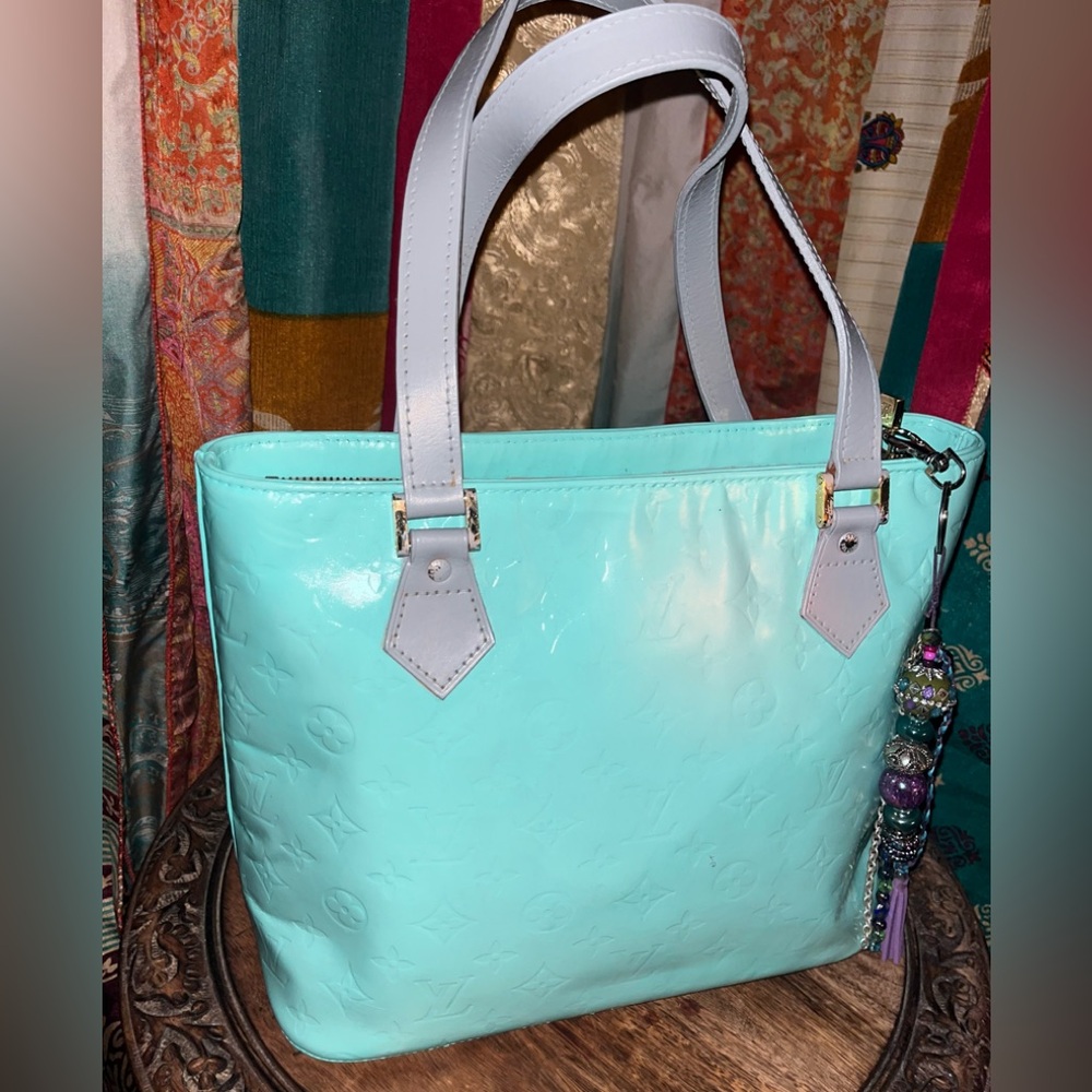 Hand painted Louis Vuitton in Tiffany Blue Grey strap comes handmade boho tassel